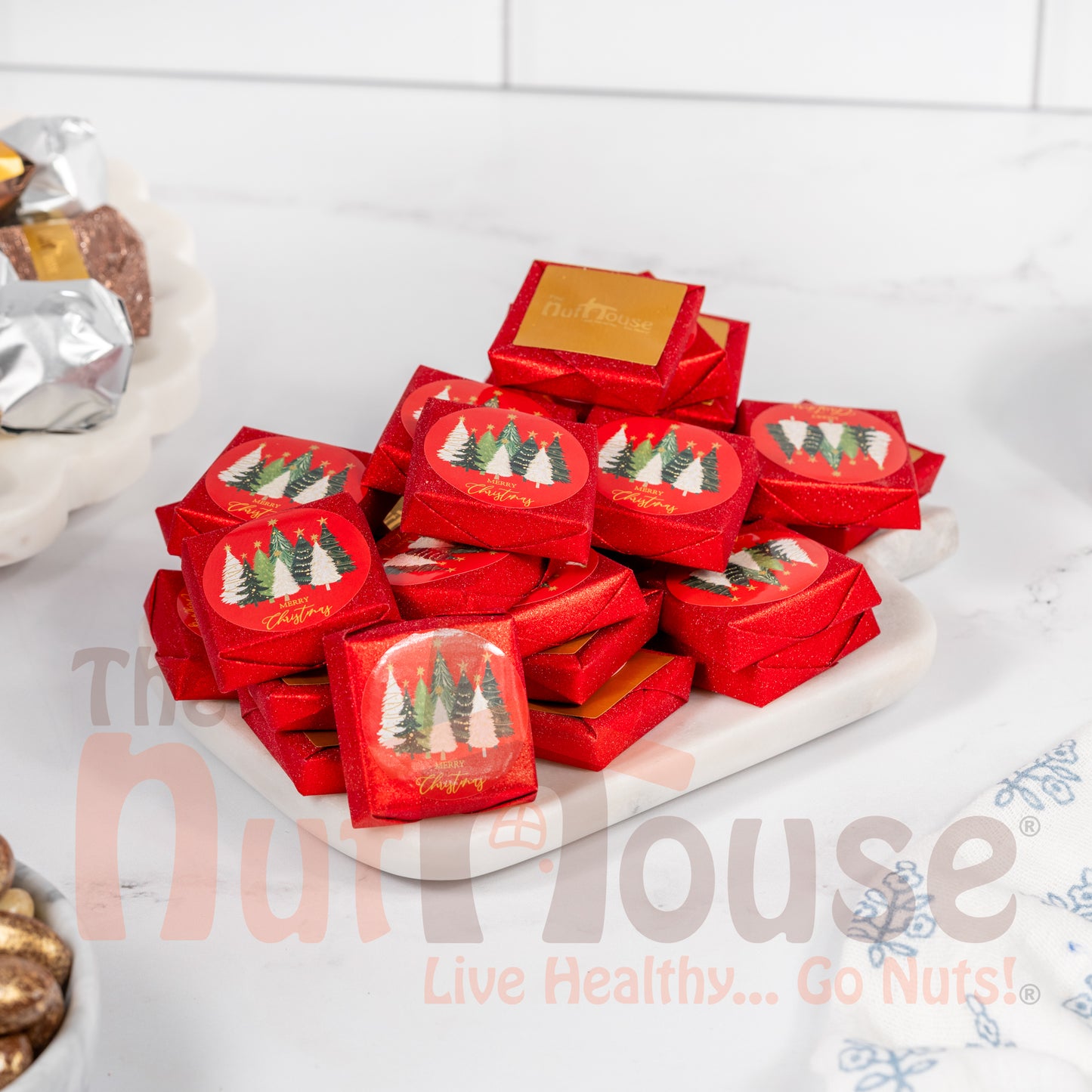 Merry Christmas Chocolate Covered Crushed Nuts with Hazelnut Cream (Red)