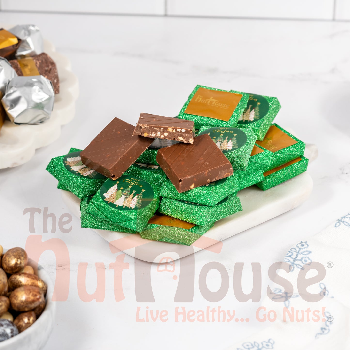 Merry Christmas Chocolate Covered Crushed Nuts with Hazelnut Cream (Green)